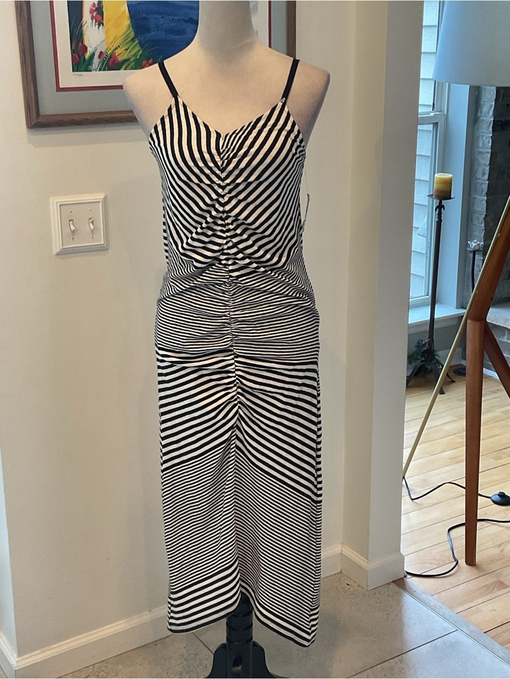 Joie Black & White Striped Ruched Slip Dress